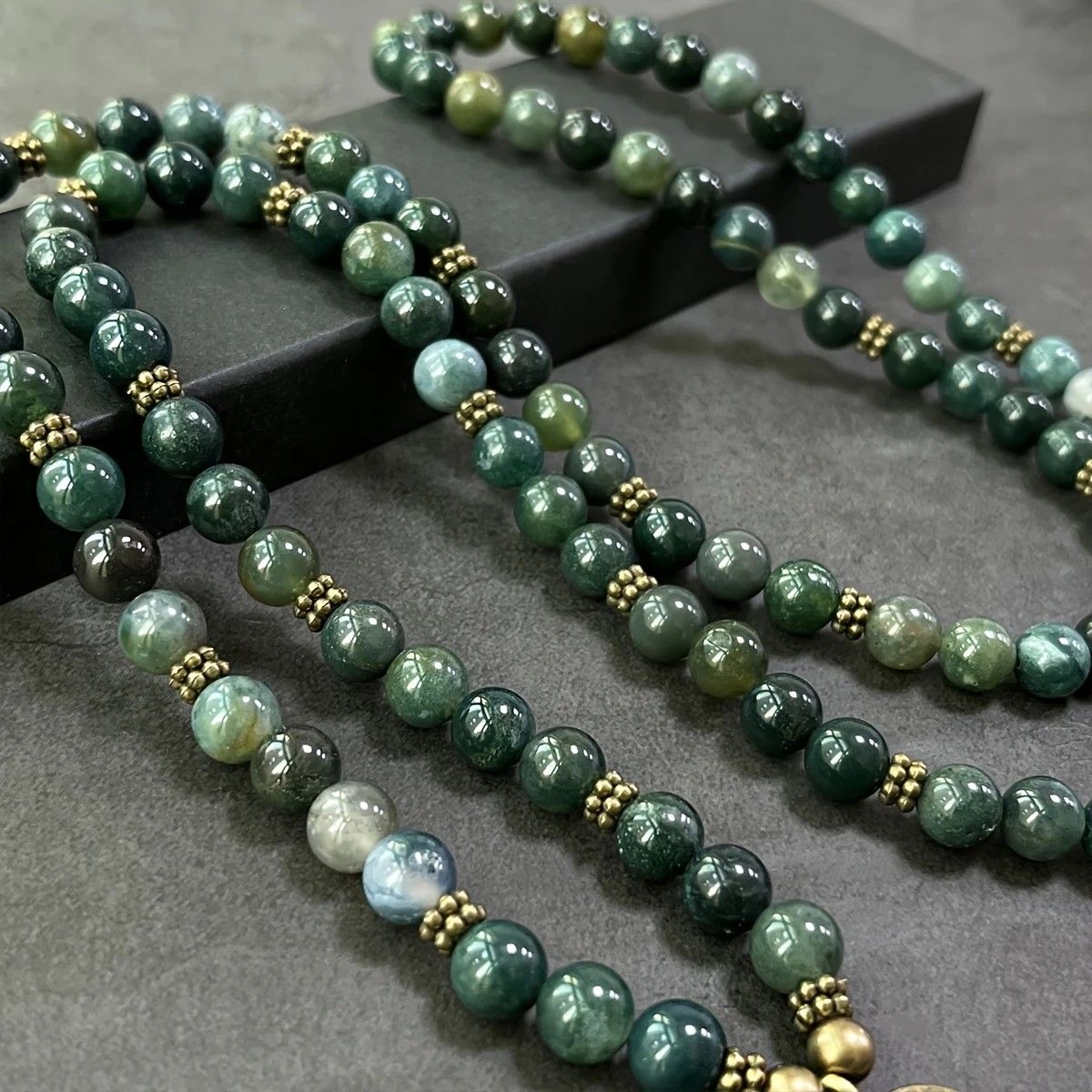 108-Piece Moss Agate Handcrafted Necklace, Natural Plant-Patterned Zen Layered Blessing Bead Strand - Image 3