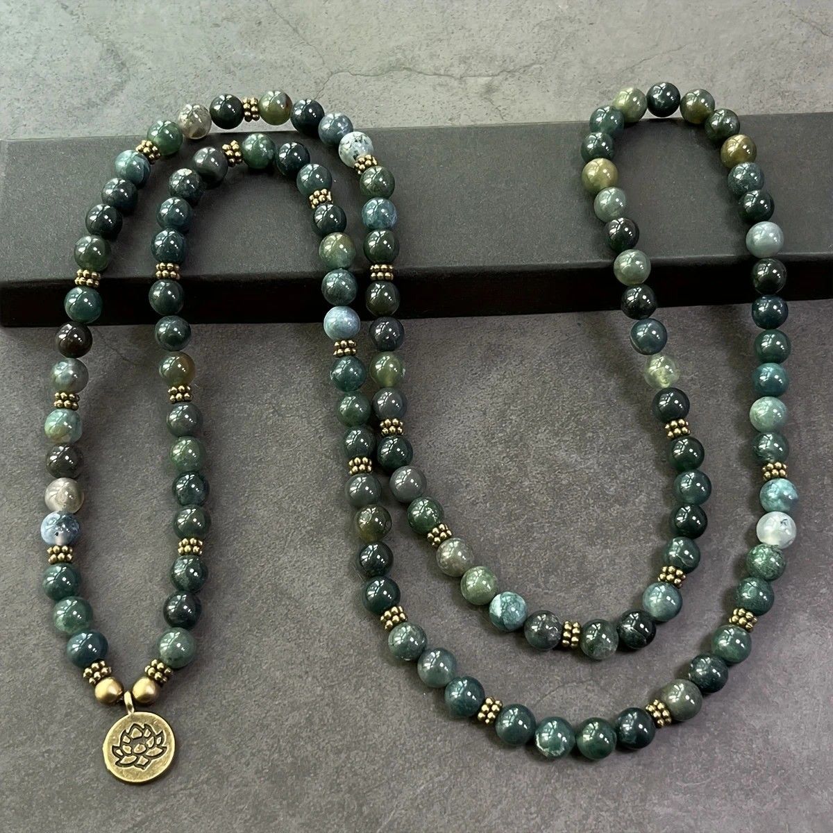 108-Piece Moss Agate Handcrafted Necklace, Natural Plant-Patterned Zen Layered Blessing Bead Strand - Image 4