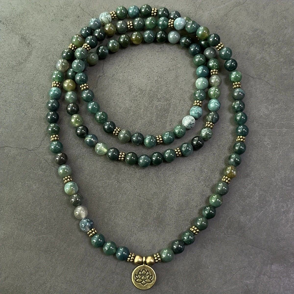 108-Piece Moss Agate Handcrafted Necklace, Natural Plant-Patterned Zen Layered Blessing Bead Strand - Image 6