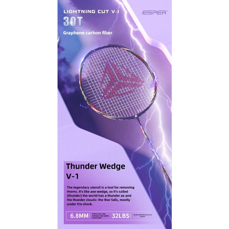 ESPER V-1 Thunder Wedge 5U Ultra-Light Badminton Racket, 30T Graphene Carbon Fiber, 6.8mm Slim Shaft, Balanced Offense and Defense, Lightweight Recreational Racket.(golden) - Image 2