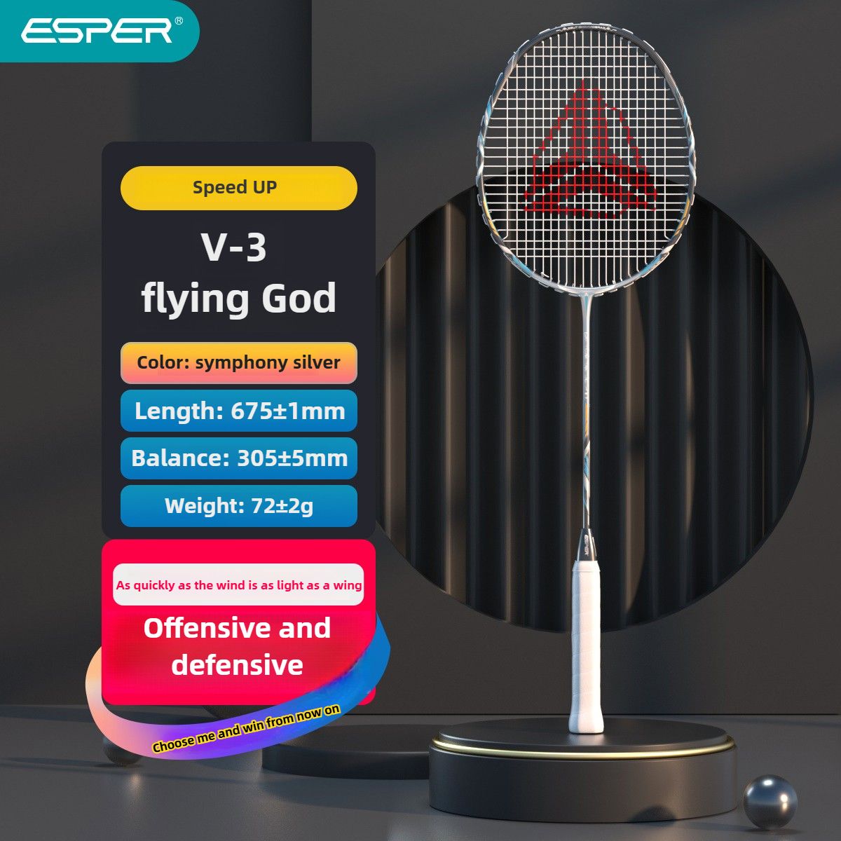 ESPER V3 Badminton Racket 72g Ultra-Light 6U Graphene Carbon All-Around Professional Match Training Durable Stylish Racket（silver) - Image 1