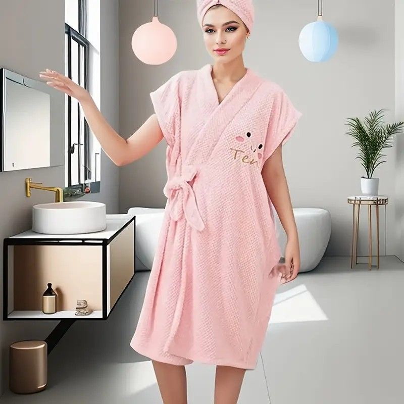 Women's Coral Fleece Pineapple Grid Two-Piece Set | Cloud-Like Touch Adjustable Bath Robe + Hair Towel, Adjustable Tie Belt, Suitable for Daily Home Use(Qingxin powder) - Image 1