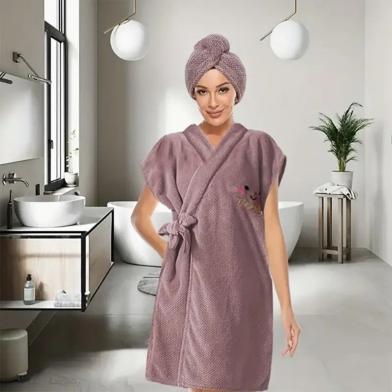 Women's Coral Fleece Pineapple Grid Two-Piece Set | Cloud-Like Touch Adjustable Bath Robe + Hair Towel, Adjustable Tie Belt, Suitable for Daily Home Use(Red bean paste purple) - Image 1