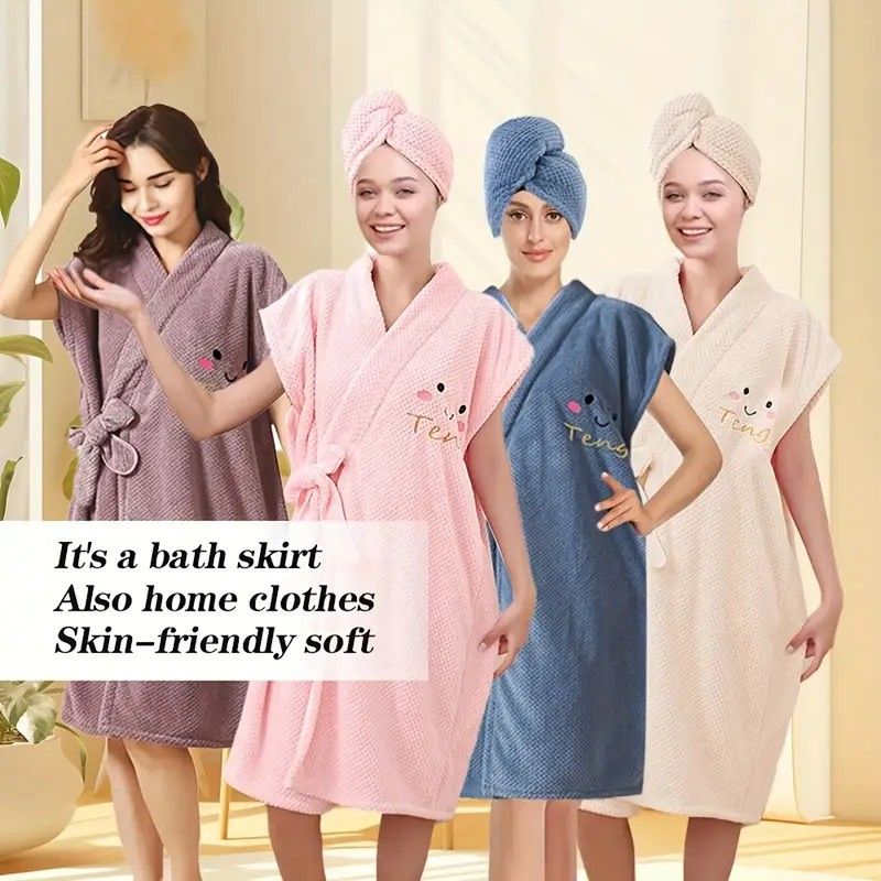 Women's Coral Fleece Pineapple Grid Two-Piece Set | Cloud-Like Touch Adjustable Bath Robe + Hair Towel, Adjustable Tie Belt, Suitable for Daily Home Use(Red bean paste purple) - Image 3