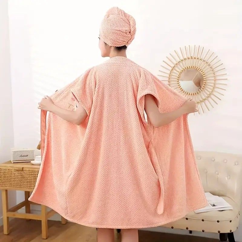 Women's Coral Fleece Pineapple Grid Two-Piece Set | Cloud-Like Touch Adjustable Bath Robe + Hair Towel, Adjustable Tie Belt, Suitable for Daily Home Use(Red bean paste purple) - Image 5