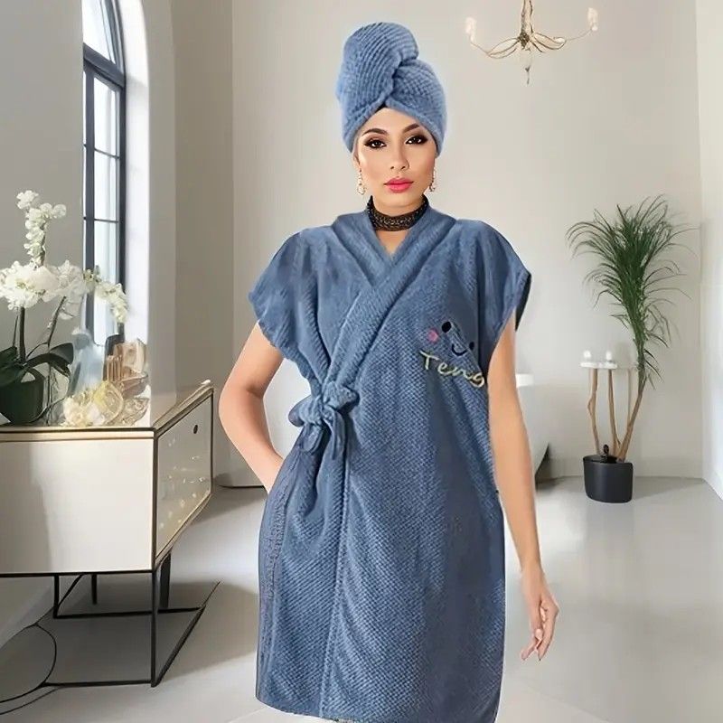 Women's Coral Fleece Pineapple Grid Two-Piece Set | Cloud-Like Touch Adjustable Bath Robe + Hair Towel, Adjustable Tie Belt, Suitable for Daily Home Use(Haze blue) - Image 1