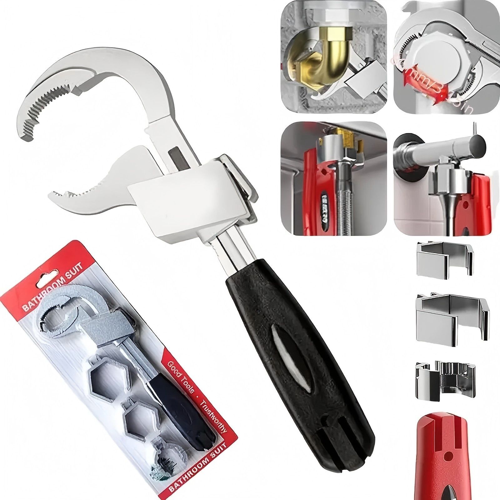 Large-Open Adjustable Basin Wrench, 3-Head Interchangeable Tight-Space Plumbing Tool, Aluminum Alloy Anti-Slip Home Maintenance Tool（Black handle） - Image 1