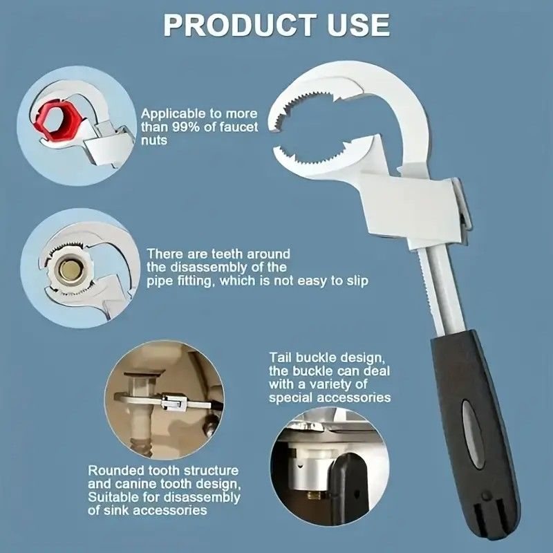 Large-Open Adjustable Basin Wrench, 3-Head Interchangeable Tight-Space Plumbing Tool, Aluminum Alloy Anti-Slip Home Maintenance Tool（Black handle） - Image 6