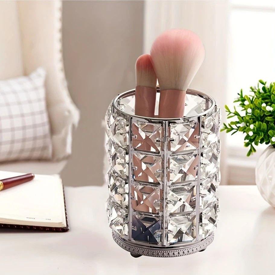 1 piece crystal pen holder, round creative desktop makeup brush storage box, polished cast iron metal art decorative display piece, lightweight and desktop style.silver - Image 6
