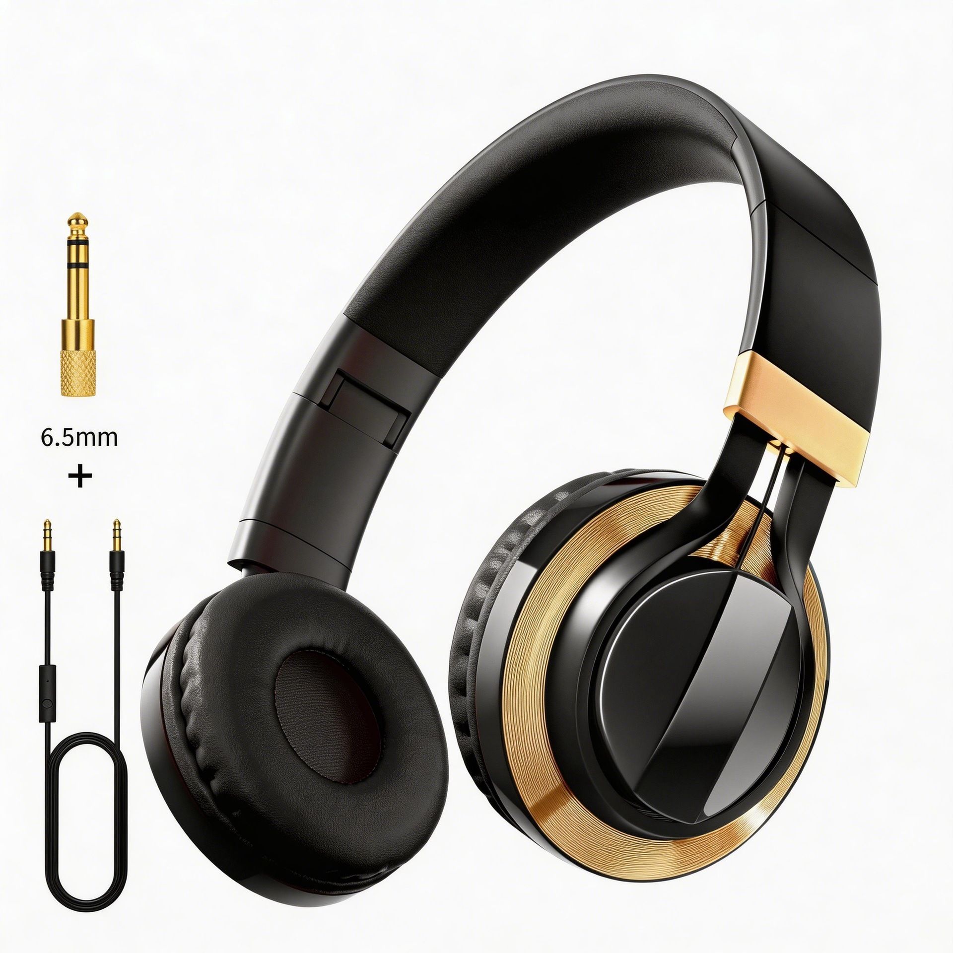 Wired Over-Ear Headset, Portable Folding Heavy Bass Headphones, Built-in Microphone, Compatible with Multiple Devices(Black gold) - Image 1