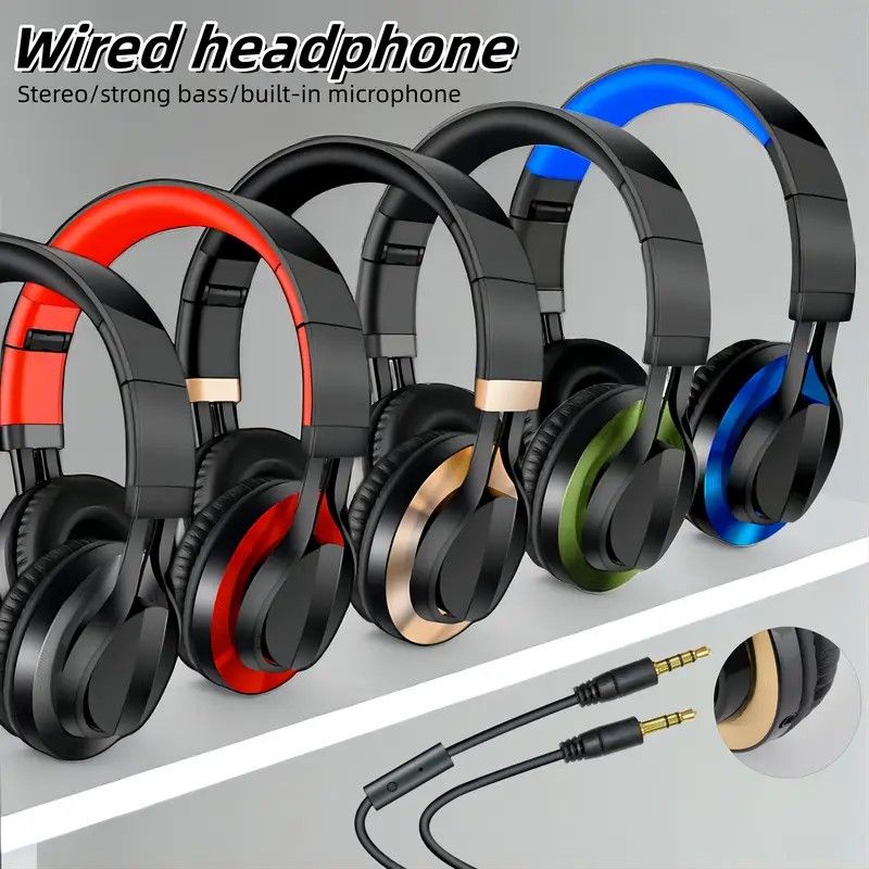 Wired Over-Ear Headset, Portable Folding Heavy Bass Headphones, Built-in Microphone, Compatible with Multiple Devices(Black gold) - Image 2
