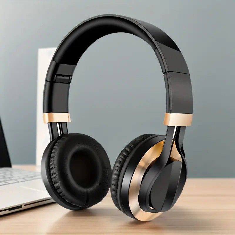 Wired Over-Ear Headset, Portable Folding Heavy Bass Headphones, Built-in Microphone, Compatible with Multiple Devices(Black gold) - Image 5