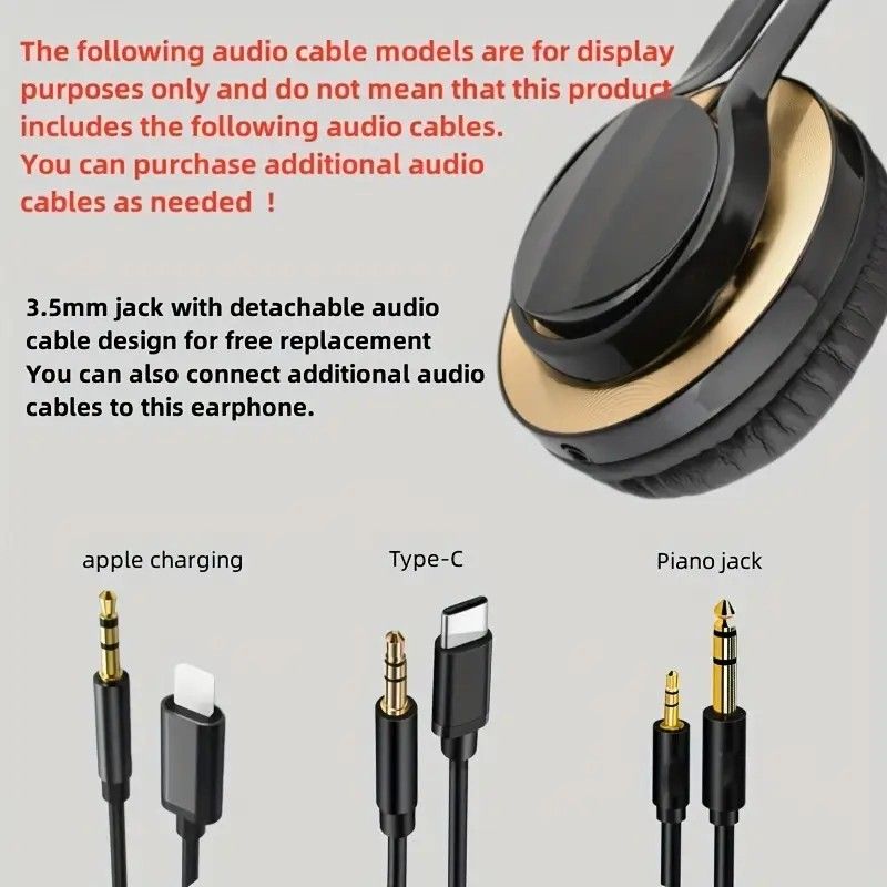 Wired Over-Ear Headset, Portable Folding Heavy Bass Headphones, Built-in Microphone, Compatible with Multiple Devices(Black gold) - Image 6
