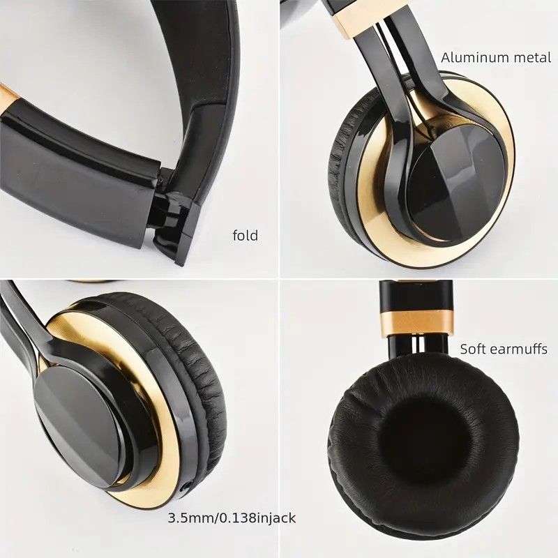 Wired Over-Ear Headset, Portable Folding Heavy Bass Headphones, Built-in Microphone, Compatible with Multiple Devices(Black gold) - Image 7
