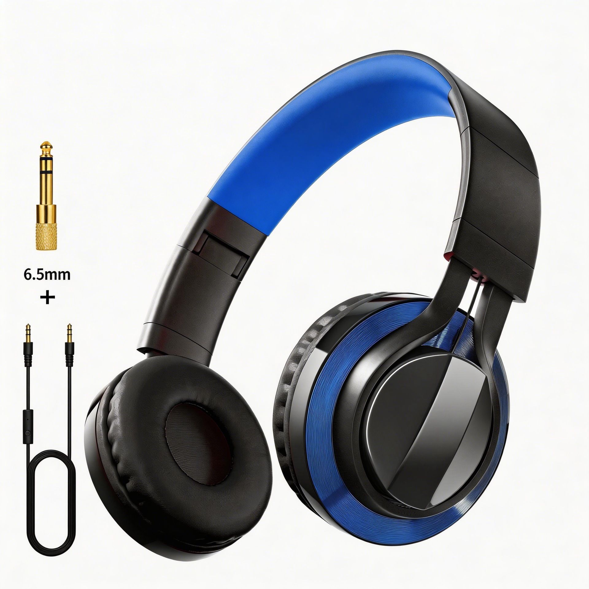 Wired Over-Ear Headset, Portable Folding Heavy Bass Headphones, Built-in Microphone, Compatible with Multiple Devices(black and blue color) - Image 1