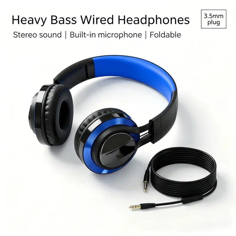 Wired Over-Ear Headset, Portable Folding Heavy Bass Headphones, Built-in Microphone, Compatible with Multiple Devices(black and blue color) - Image 3