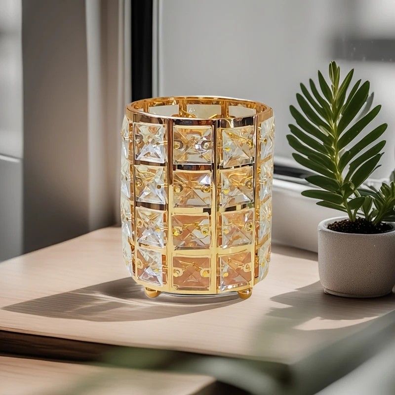 1 piece crystal pen holder, round creative desktop makeup brush storage box, polished cast iron metal art decorative display piece, lightweight and desktop style.golden - Image 1