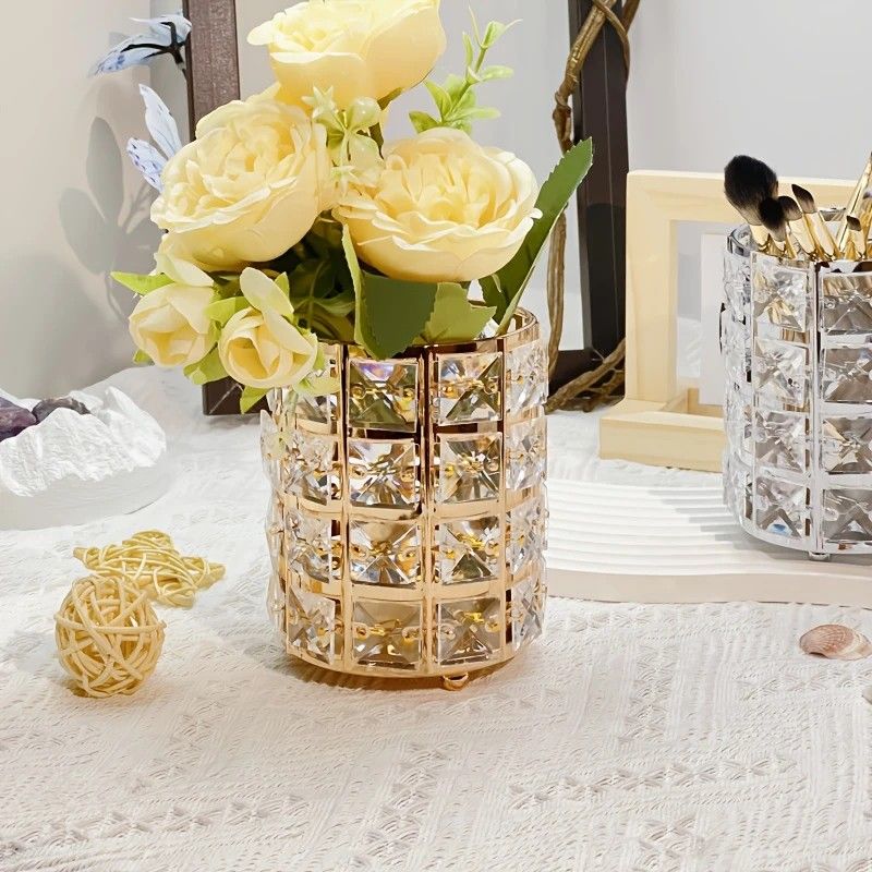 1 piece crystal pen holder, round creative desktop makeup brush storage box, polished cast iron metal art decorative display piece, lightweight and desktop style.golden - Image 2