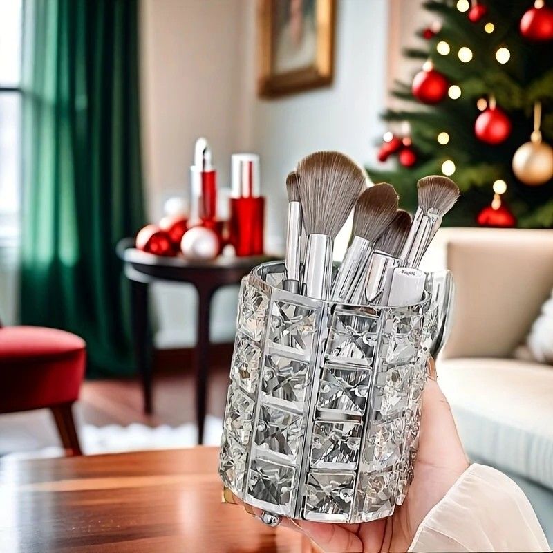 1 piece crystal pen holder, round creative desktop makeup brush storage box, polished cast iron metal art decorative display piece, lightweight and desktop style.golden - Image 3