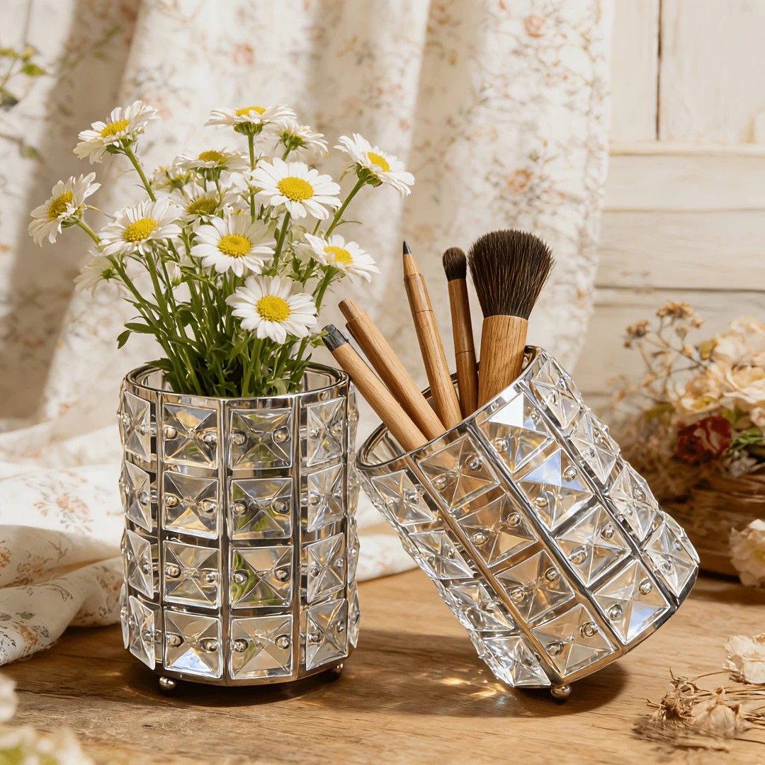 1 piece crystal pen holder, round creative desktop makeup brush storage box, polished cast iron metal art decorative display piece, lightweight and desktop style.golden - Image 6