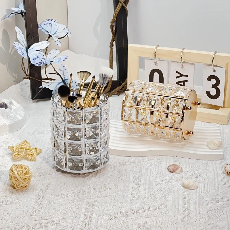 1 piece crystal pen holder, round creative desktop makeup brush storage box, polished cast iron metal art decorative display piece, lightweight and desktop style.golden - Image 7