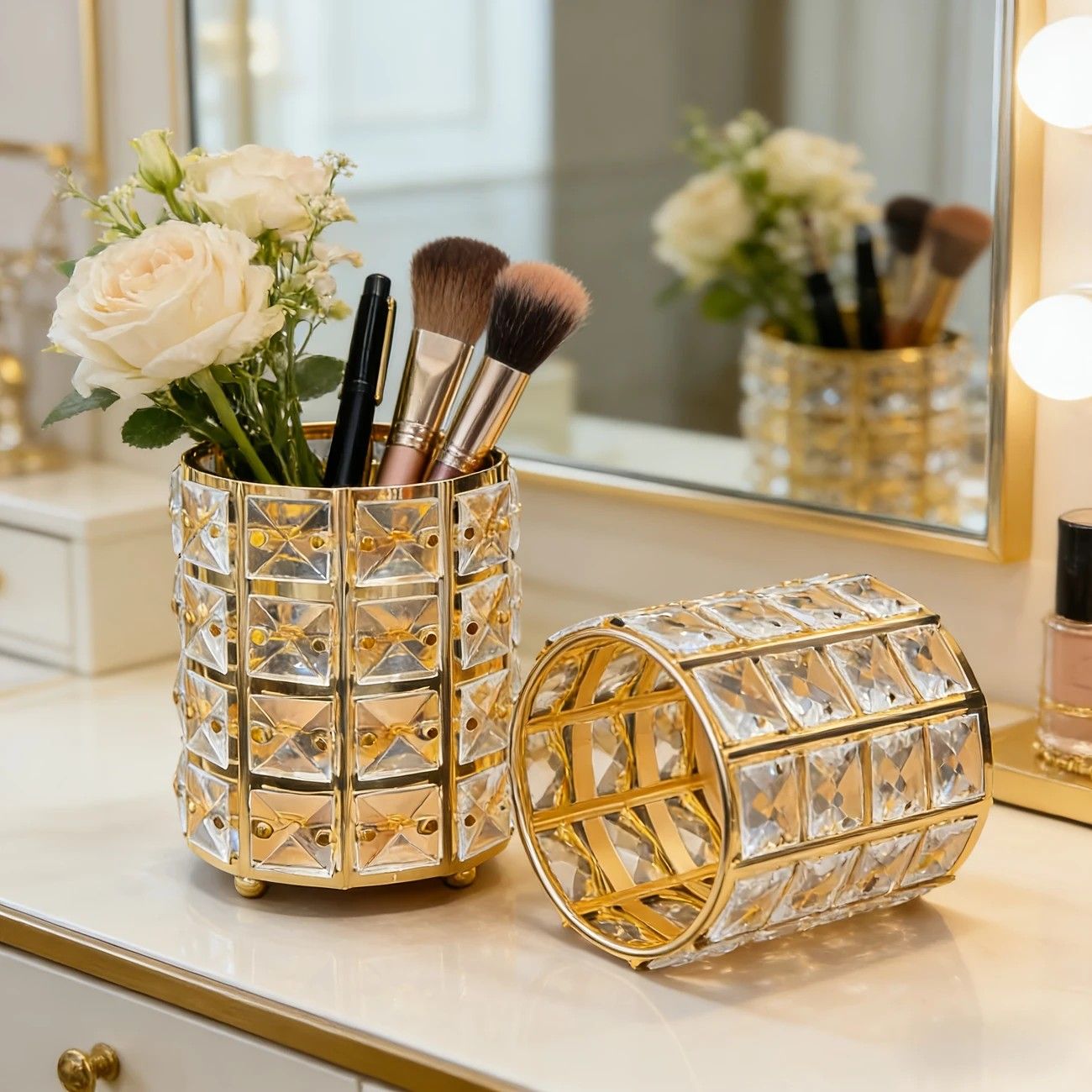 1 piece crystal pen holder, round creative desktop makeup brush storage box, polished cast iron metal art decorative display piece, lightweight and desktop style.golden - Image 8