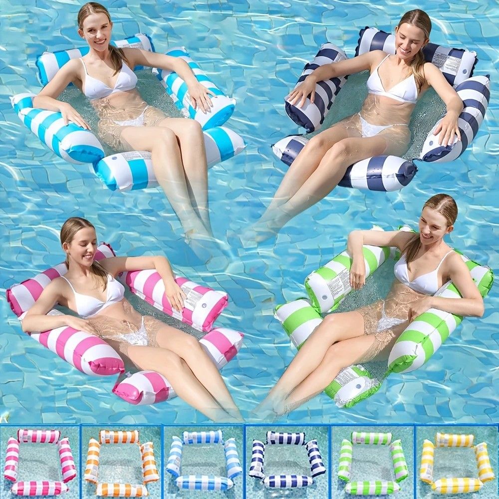Pool Inflatable Float: Foldable Striped Floating Bed, Stable Single-Person Lounge Chair, Portable Water Recreation Companion.YELLOW - Image 3