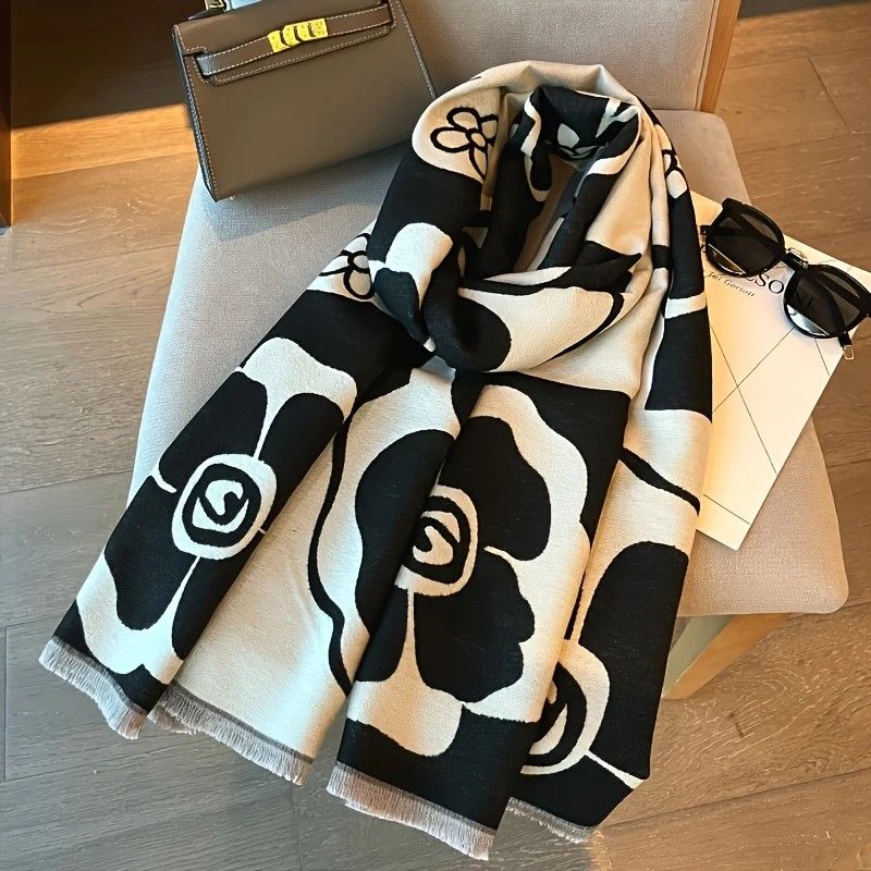 Elegant Camellia Scarf - Breathable and Warm Women's Shawl Black and White Fashion, Perfect for Spring and Summer Styling  Versatile Beach Accessory - Image 3