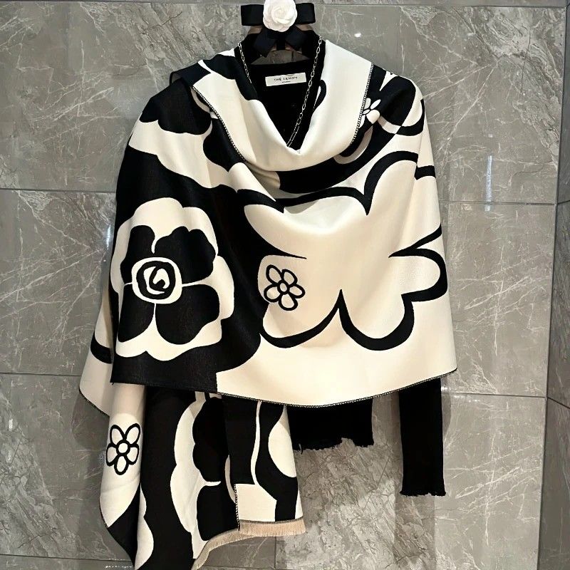 Elegant Camellia Scarf - Breathable and Warm Women's Shawl Black and White Fashion, Perfect for Spring and Summer Styling  Versatile Beach Accessory - Image 5