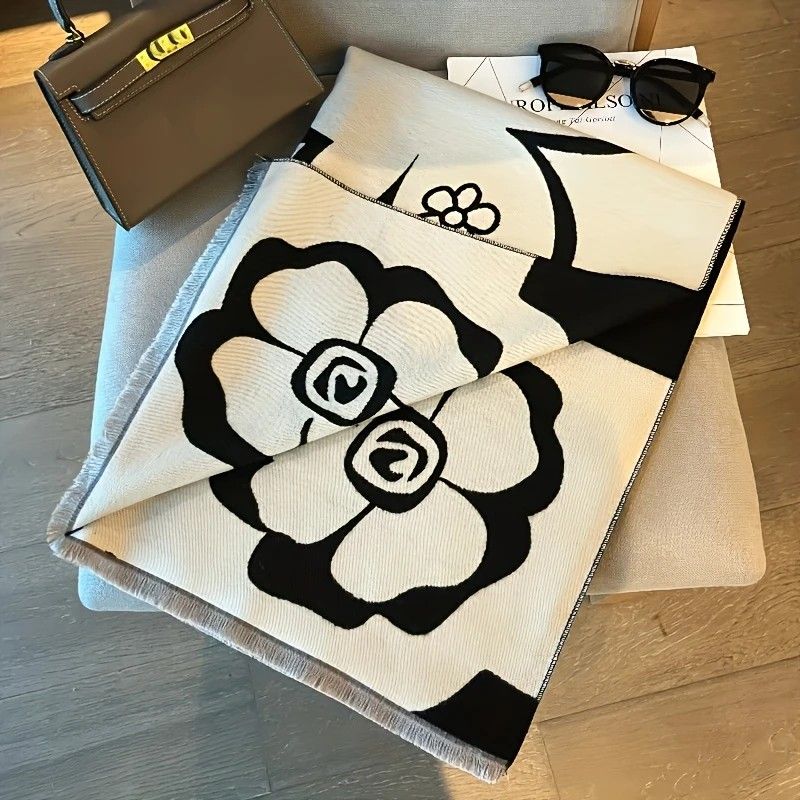 Elegant Camellia Scarf - Breathable and Warm Women's Shawl Black and White Fashion, Perfect for Spring and Summer Styling  Versatile Beach Accessory - Image 6