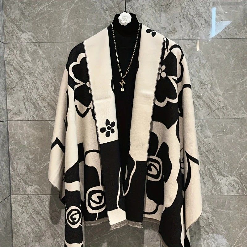 Elegant Camellia Scarf - Breathable and Warm Women's Shawl Black and White Fashion, Perfect for Spring and Summer Styling  Versatile Beach Accessory - Image 7