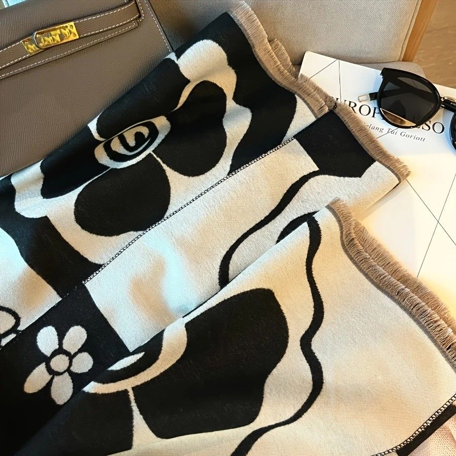 Elegant Camellia Scarf - Breathable and Warm Women's Shawl Black and White Fashion, Perfect for Spring and Summer Styling  Versatile Beach Accessory - Image 8