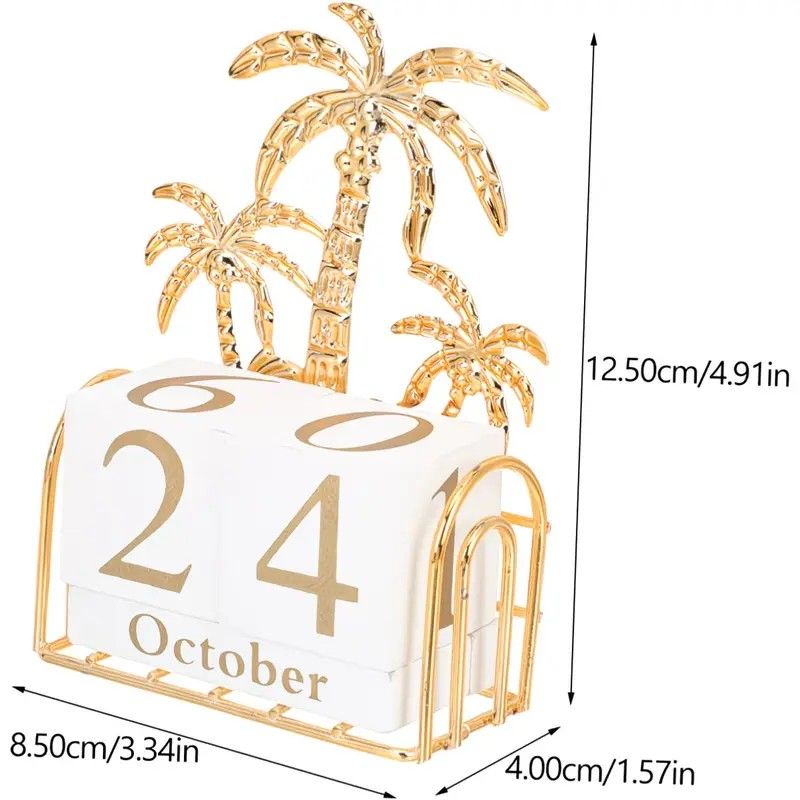 Wood and Iron Desktop Calendar, Gold Palm Tree Design, Manual Flip Pages for Free Date Combination, Compact and Exquisite, Both Practical and Decorative, Enhances Space Style. - Image 1