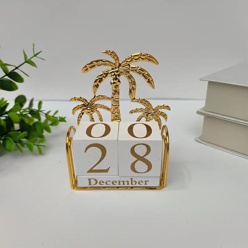 Wood and Iron Desktop Calendar, Gold Palm Tree Design, Manual Flip Pages for Free Date Combination, Compact and Exquisite, Both Practical and Decorative, Enhances Space Style. - Image 2