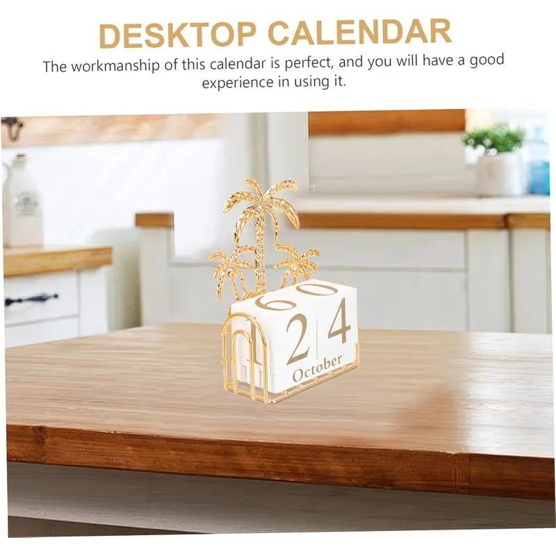 Wood and Iron Desktop Calendar, Gold Palm Tree Design, Manual Flip Pages for Free Date Combination, Compact and Exquisite, Both Practical and Decorative, Enhances Space Style. - Image 3