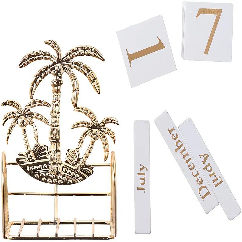 Wood and Iron Desktop Calendar, Gold Palm Tree Design, Manual Flip Pages for Free Date Combination, Compact and Exquisite, Both Practical and Decorative, Enhances Space Style. - Image 4