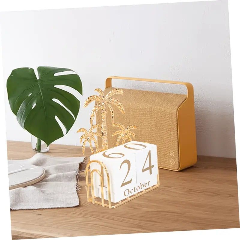 Wood and Iron Desktop Calendar, Gold Palm Tree Design, Manual Flip Pages for Free Date Combination, Compact and Exquisite, Both Practical and Decorative, Enhances Space Style. - Image 7