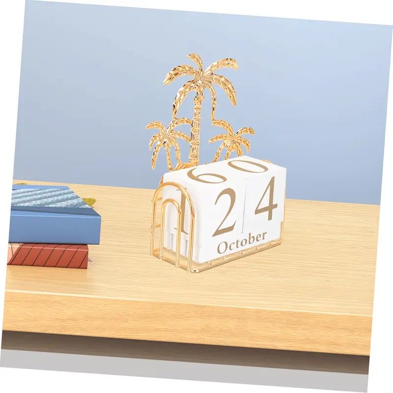 Wood and Iron Desktop Calendar, Gold Palm Tree Design, Manual Flip Pages for Free Date Combination, Compact and Exquisite, Both Practical and Decorative, Enhances Space Style. - Image 8
