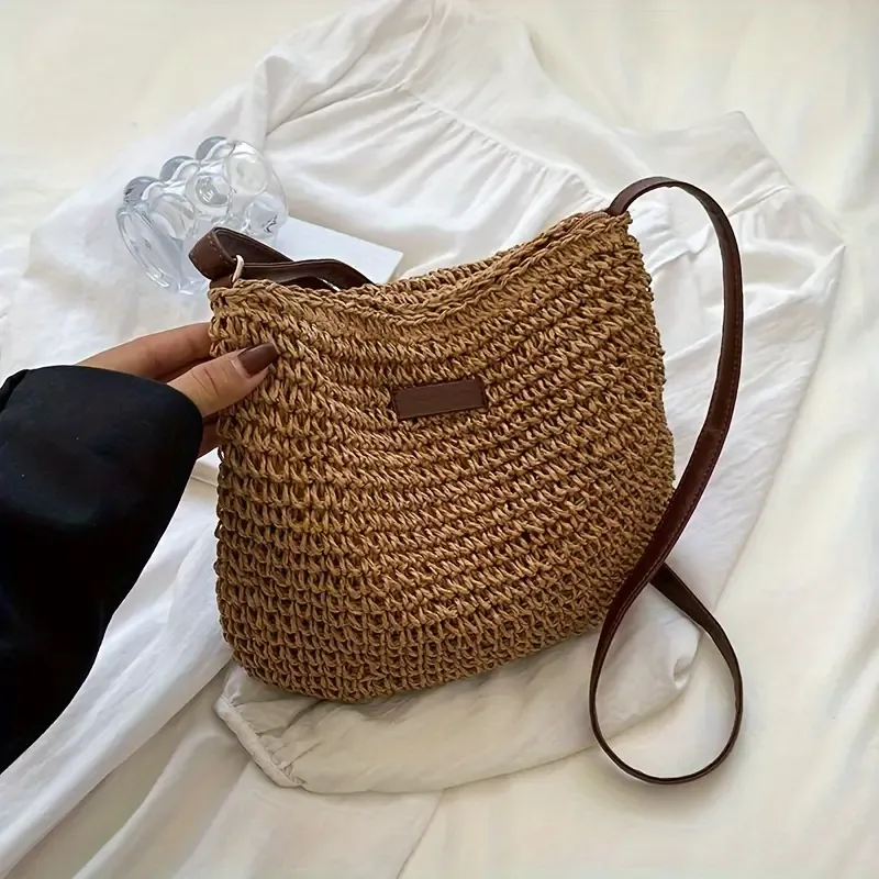 Woven paper straw crossbody bag, hand-crocheted from natural material, vintage bucket shape, lightweight and versatile, perfect for vacations and daily wear./coffee - Image 1