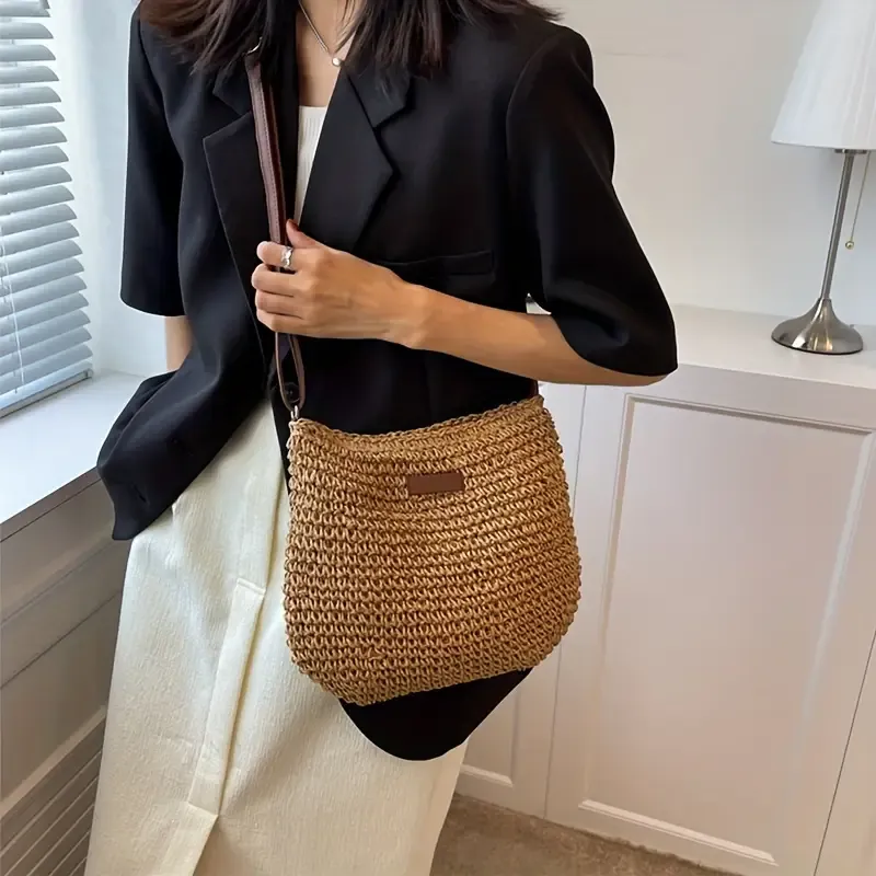 Woven paper straw crossbody bag, hand-crocheted from natural material, vintage bucket shape, lightweight and versatile, perfect for vacations and daily wear./coffee - Image 2