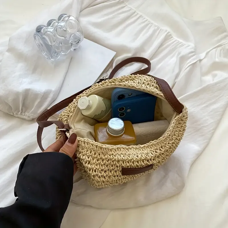 Woven paper straw crossbody bag, hand-crocheted from natural material, vintage bucket shape, lightweight and versatile, perfect for vacations and daily wear./coffee - Image 6