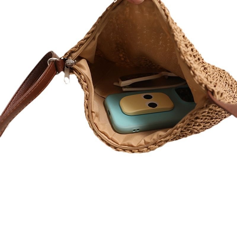 Woven paper straw crossbody bag, hand-crocheted from natural material, vintage bucket shape, lightweight and versatile, perfect for vacations and daily wear./coffee - Image 8