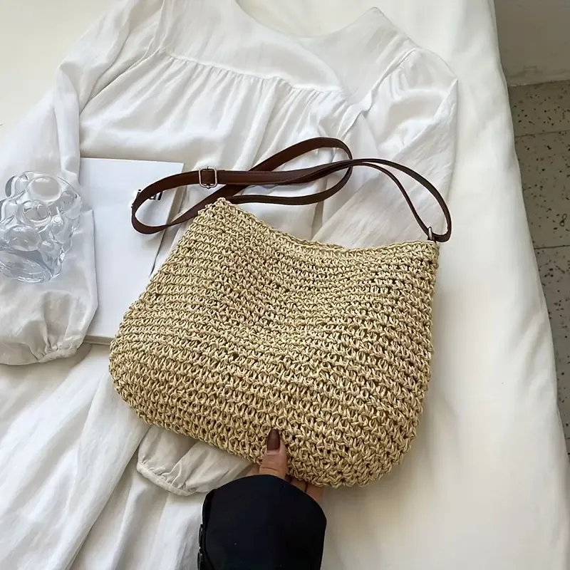 Woven paper straw crossbody bag, hand-crocheted from natural material, vintage bucket shape, lightweight and versatile, perfect for vacations and daily wear./rice - Image 2