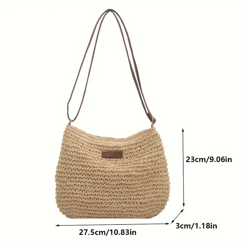 Woven paper straw crossbody bag, hand-crocheted from natural material, vintage bucket shape, lightweight and versatile, perfect for vacations and daily wear./rice - Image 4