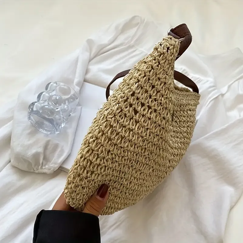Woven paper straw crossbody bag, hand-crocheted from natural material, vintage bucket shape, lightweight and versatile, perfect for vacations and daily wear./rice - Image 6