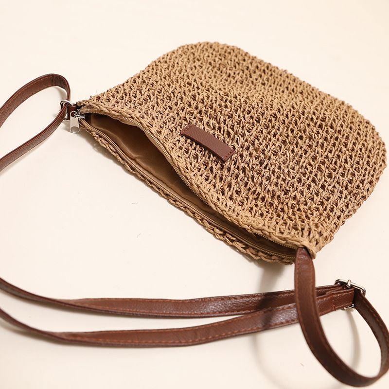 Woven paper straw crossbody bag, hand-crocheted from natural material, vintage bucket shape, lightweight and versatile, perfect for vacations and daily wear./rice - Image 7