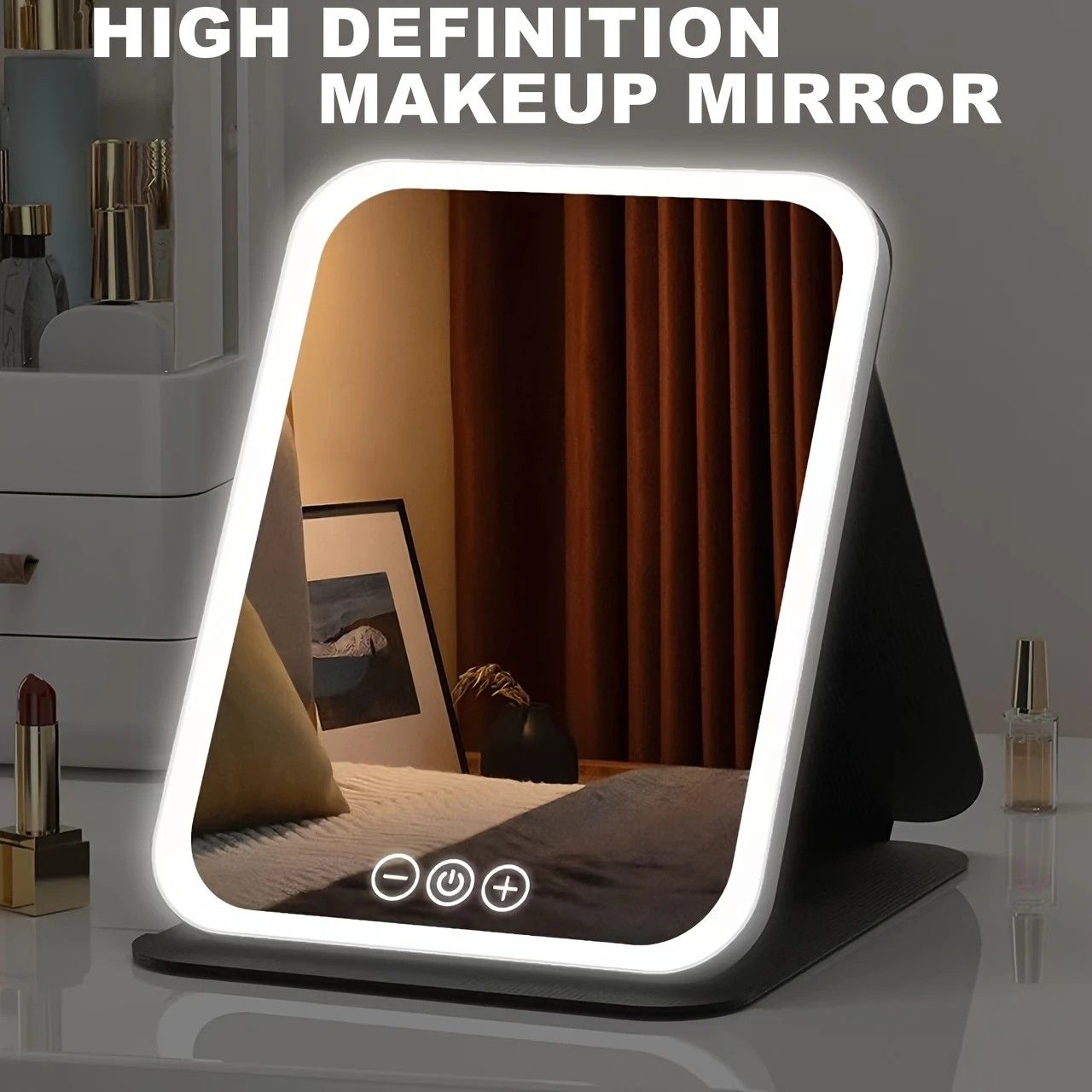LED Makeup Mirror with Lights, 3 Color Modes Touch Control, Rechargeable Travel Vanity Mirror(BLACK) - Image 1