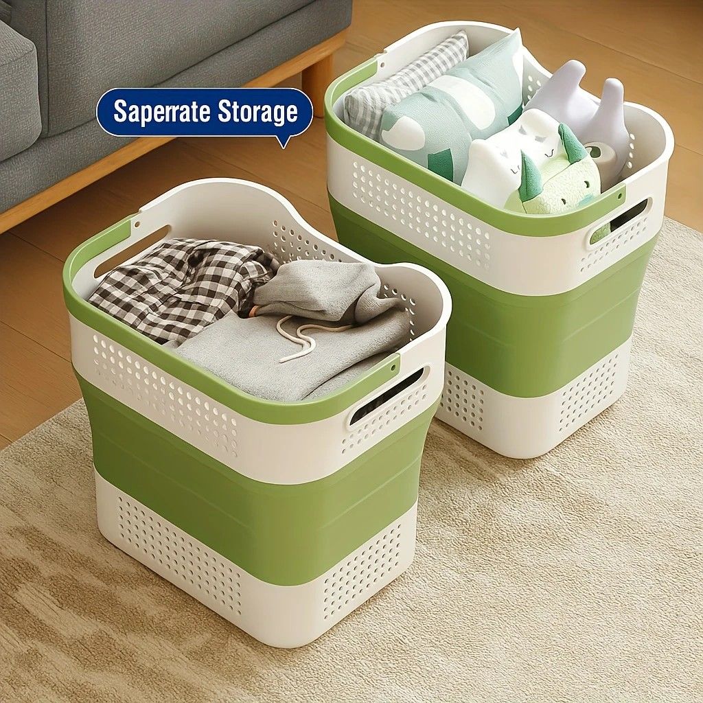 Multi-functional Folding Laundry Basket: Hassle-free Storage, One Basket for All Your Clothes Sorting。green - Image 2