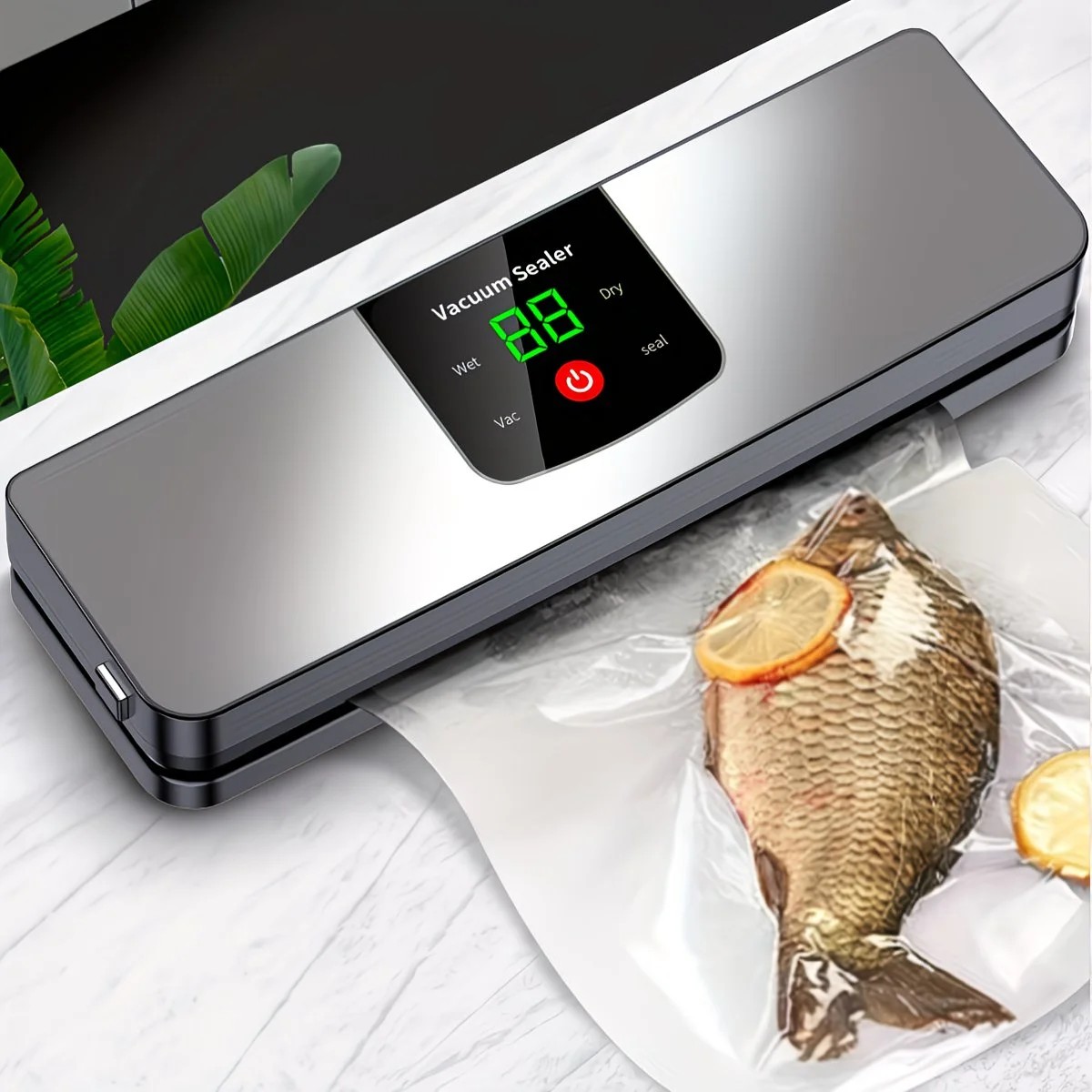silver Rechargeable Vacuum Sealer with USB Port, designed for preserving food in both dry and wet environments, equipped with an LED screen, ideal for travel and camping. - Image 1