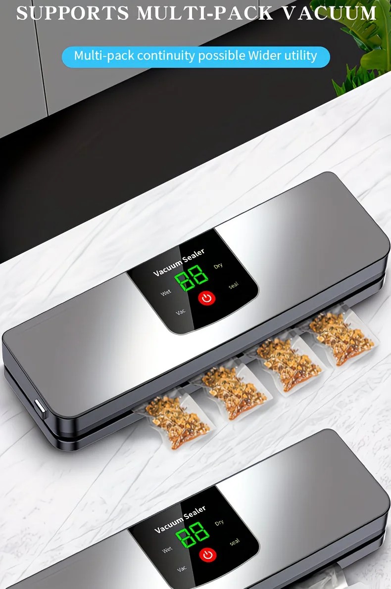 silver Rechargeable Vacuum Sealer with USB Port, designed for preserving food in both dry and wet environments, equipped with an LED screen, ideal for travel and camping. - Image 8